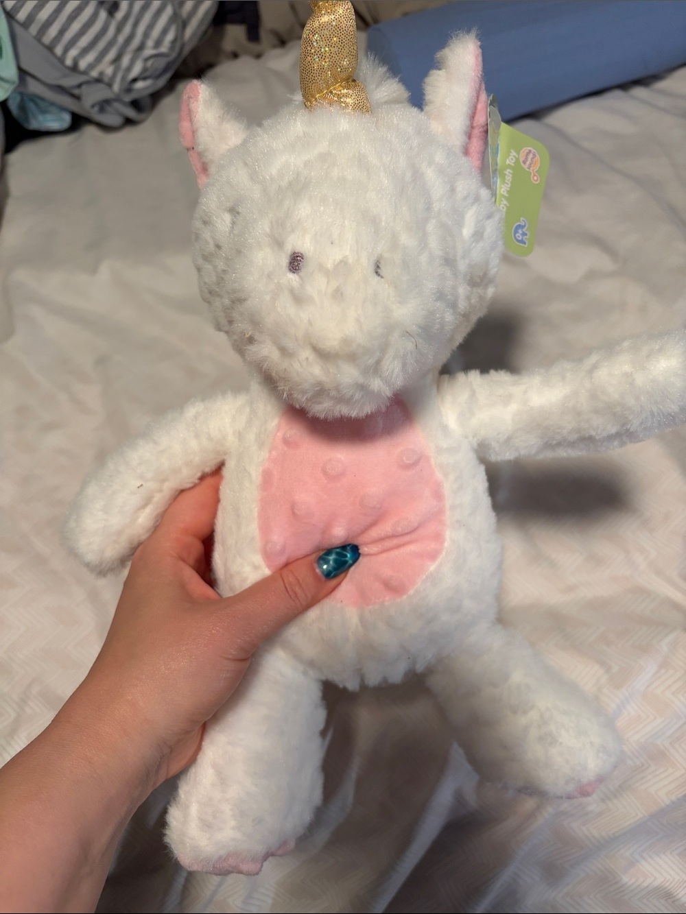Plush White Unicorn Rattle Stuffed Animal with Pink Belly
